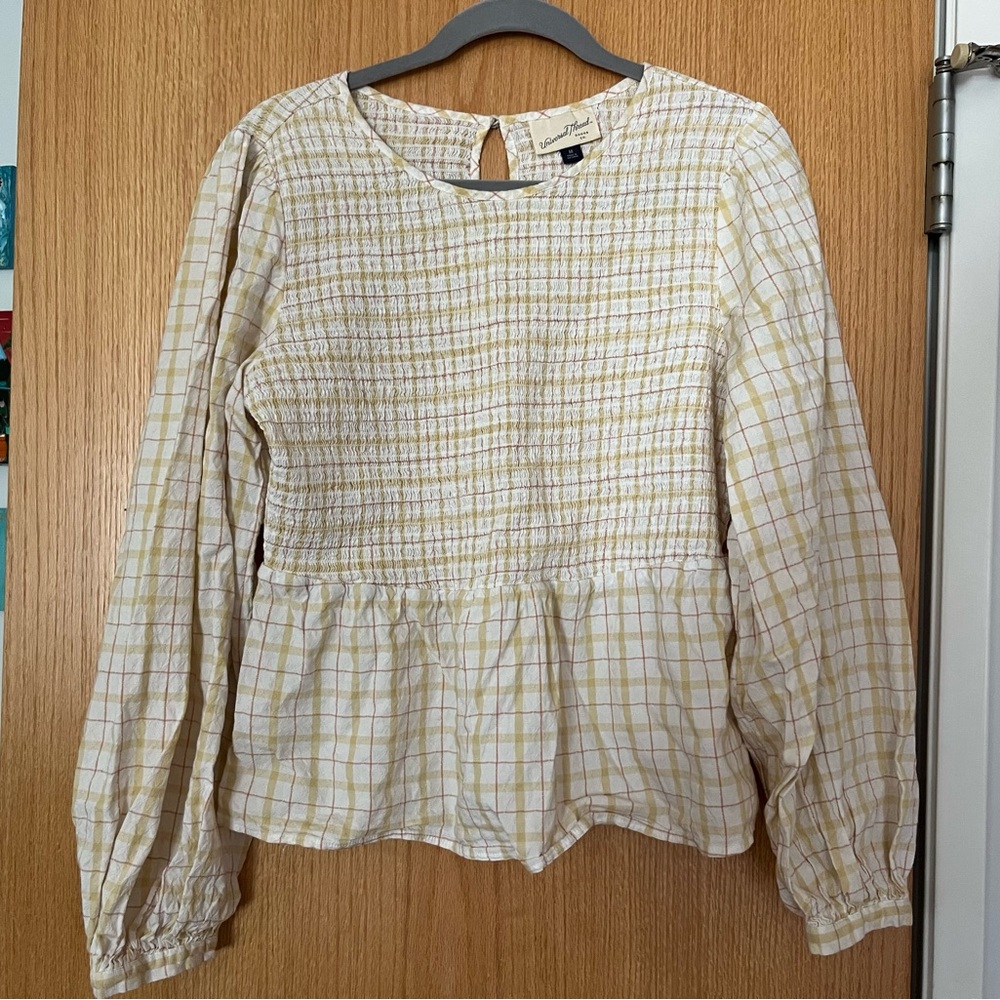 Plaid Checkered Peasant Top Balloon Sleeves Medium